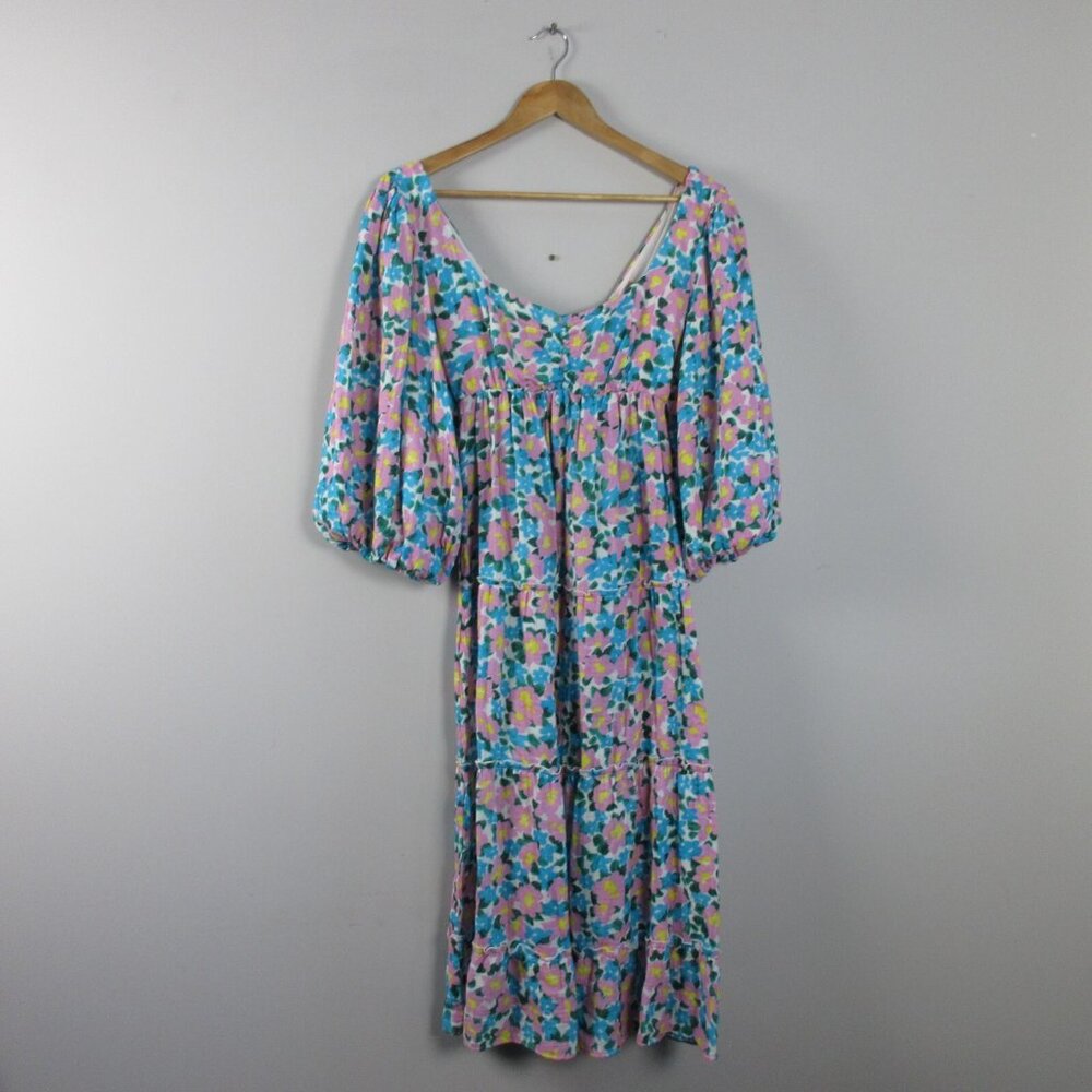 Show Me Your Mumu Mandi Midi Dress M Blue Floral Tiered 3/ Puff Sleeve Boho 406